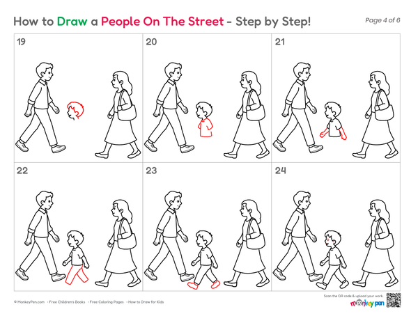 Simple city street drawing with people.