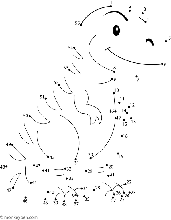 Worksheet with dots forming a cartoon T-Rex dinosaur for children to connect and color
