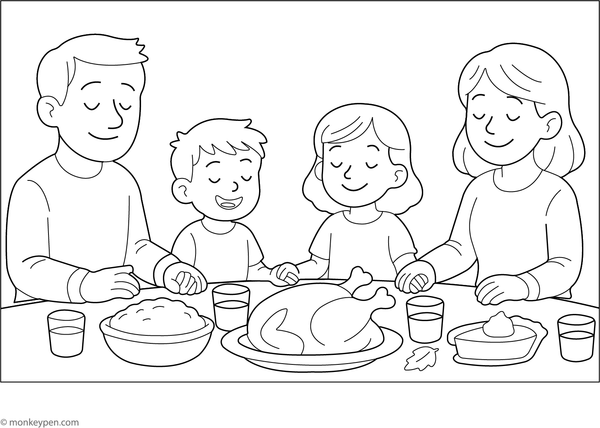 A family holding hands around a Thanksgiving dinner table.