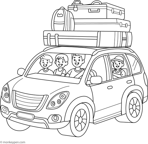 Printabl Family Car on a Road Trip Colouring Page