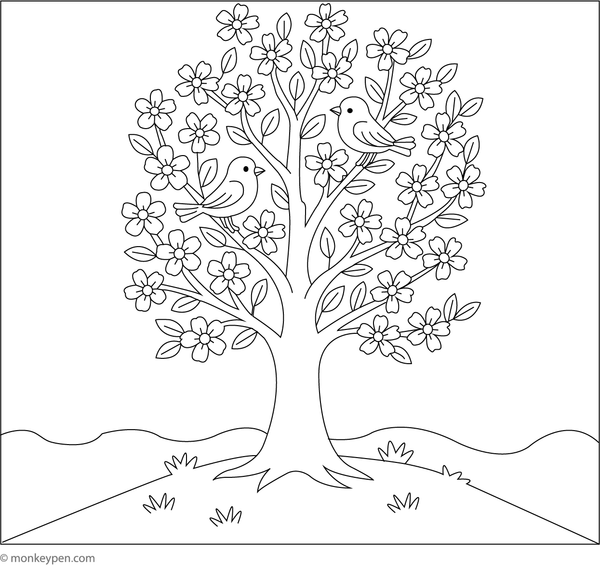 Free Printable Tree with Blossoming Flowers Coloring Image