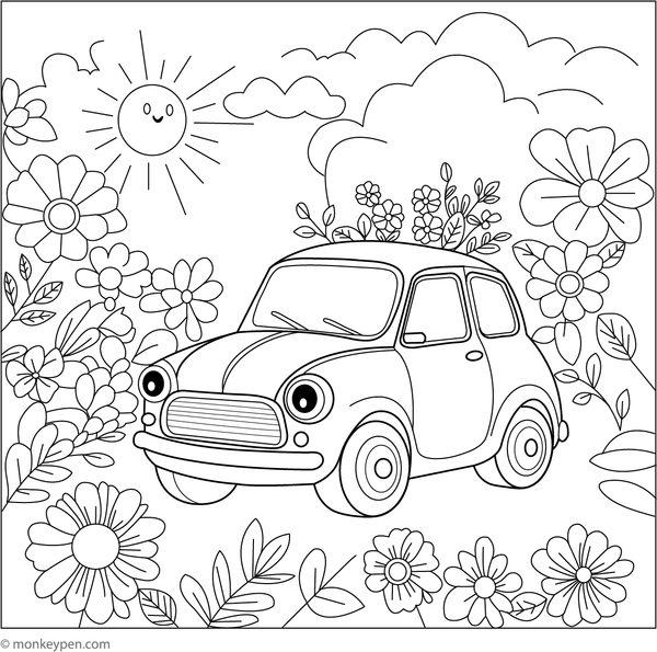 Printable Car Covered in Flowers Colouring Sheet for kids