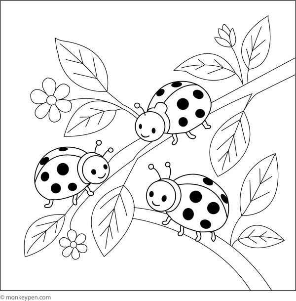 Printable Ladybirds on a Leafy Branch Coloring Image For Kids
