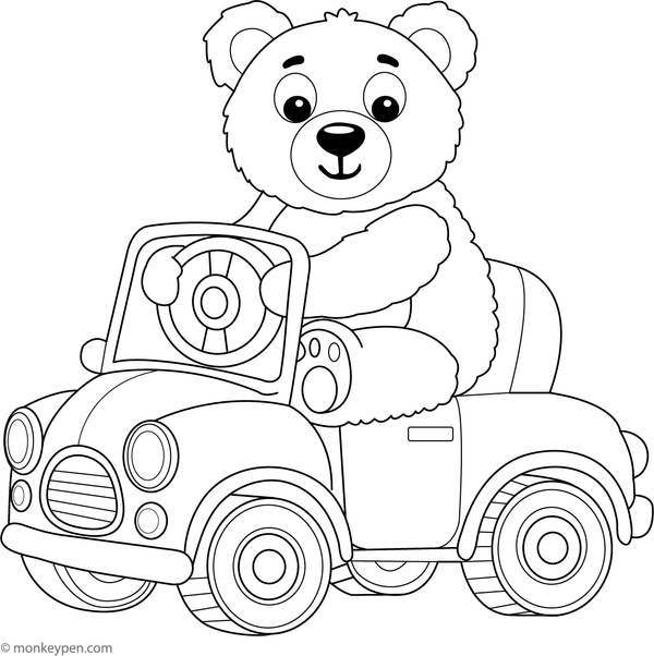 Free Printable Giant Teddy Bear Driving a Car Colouring Page for Kids