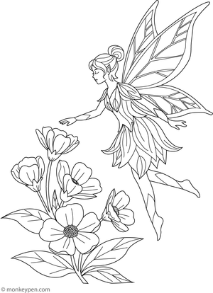 Printable Spring Fairy in a Flower Dress Coloring Image For Kids