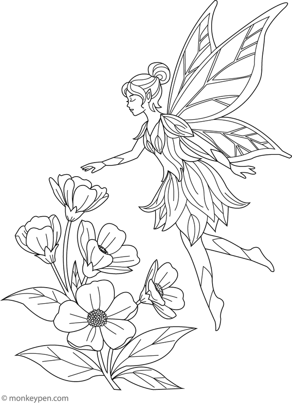Printable Spring Fairy in a Flower Dress Coloring Image For Kids