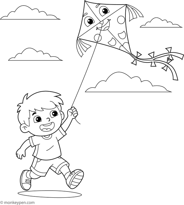 Free Prntable Flying a Kite in a Spring Field Coloring Image for Kids