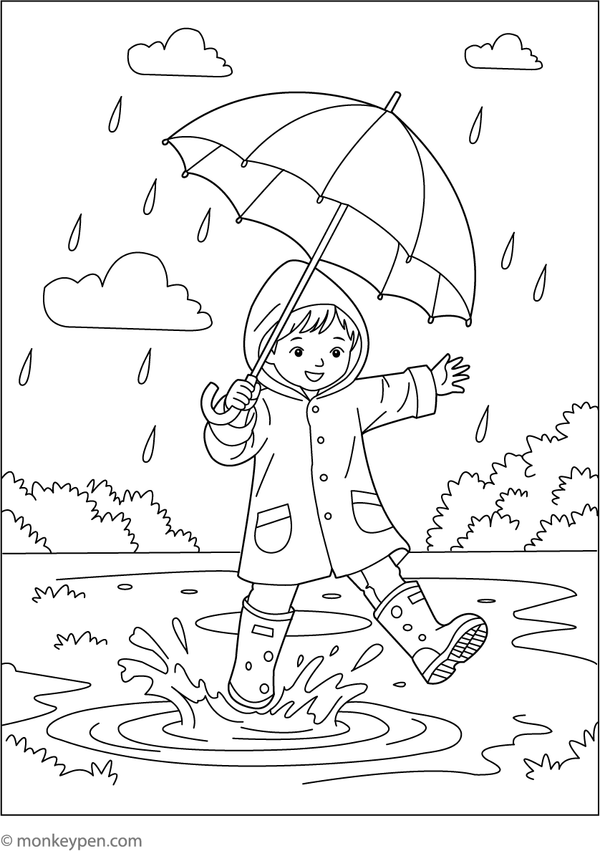 Printable Spring Rain with Umbrella Coloring Page