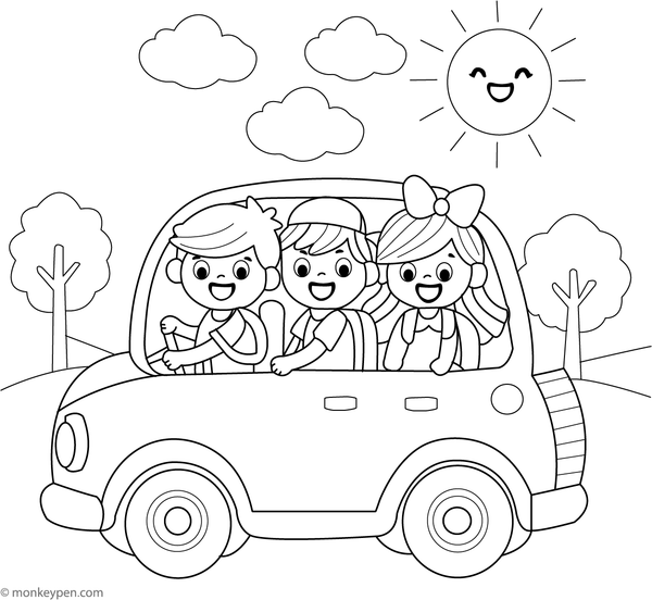 Free Printable Playful Kids in Car Colouring Picture for Children