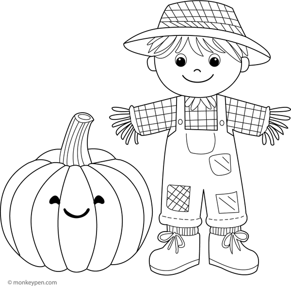 Printable Pumpkin with Cute Scarescrow Coloring Image for Kids