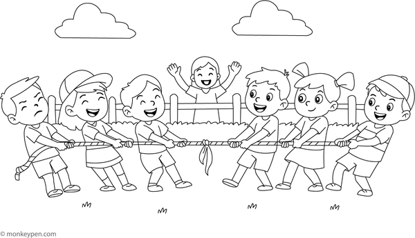 Two teams pulling on a rope in a tug-of-war, filled with energy, ready for coloring.