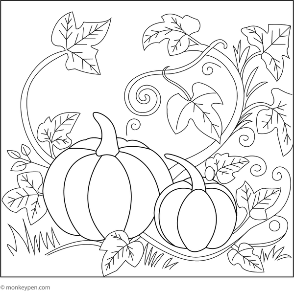 Free Printable Pumpkin on a Vine Coloring Image for Children