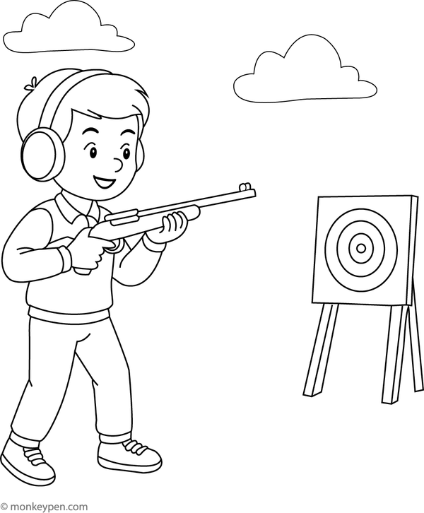 Shooter aiming at a target in a biathlon competition, ideal for children to color.