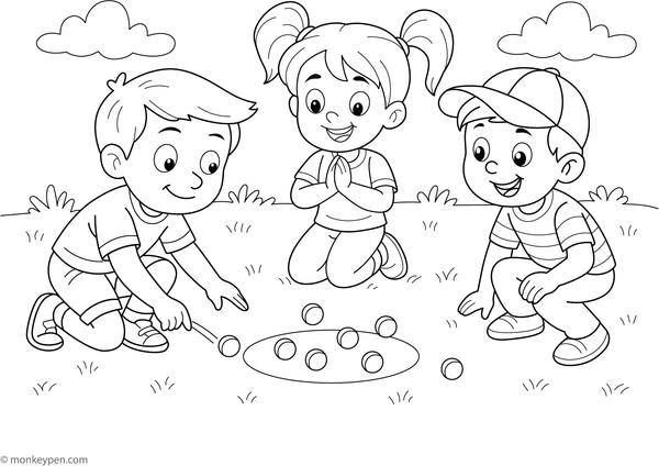 Children engaged in a marbles game, focused on their play, ready for children to color.