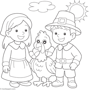 Pilgrim children standing next to a friendly turkey.