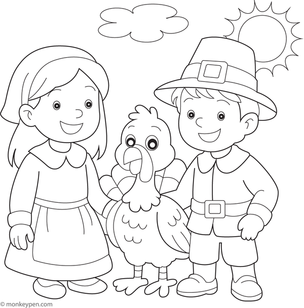 Pilgrim children standing next to a friendly turkey.