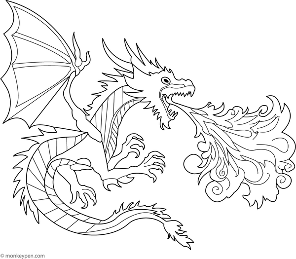 A mighty dragon breathing a small flame, looking powerful yet fun to colour Coloring page