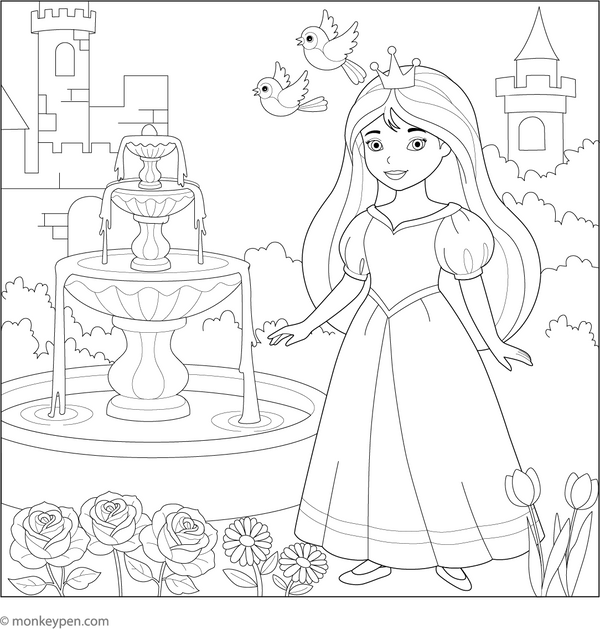 A delightful coloring page showing a princess girl strolling through a flower-filled castle garden with butterflies fluttering nearby.