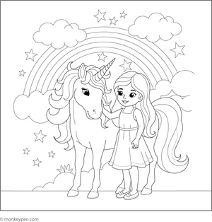 Enjoy this magical coloring page where a young girl hugs her unicorn beneath a glowing rainbow surrounded by clouds and stars.