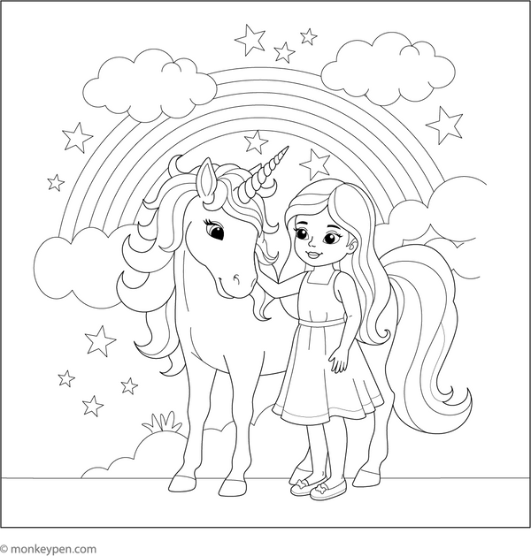 Enjoy this magical coloring page where a young girl hugs her unicorn beneath a glowing rainbow surrounded by clouds and stars.