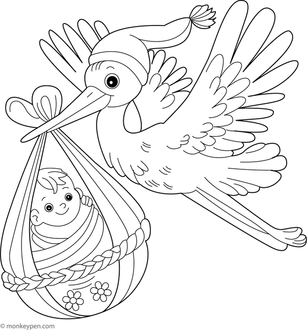 Stork Carrying Baby Coloring Page