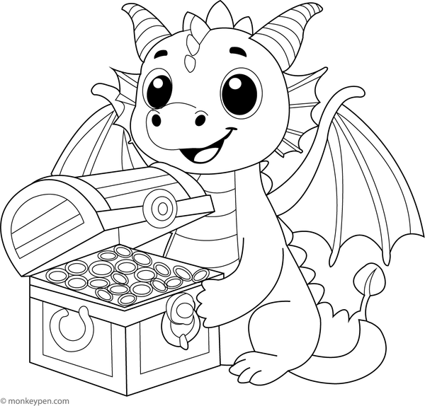 An aspirational scene featuring a proud dragon clutching a treasure chest surrounded by gold coins and sparkling jewels.