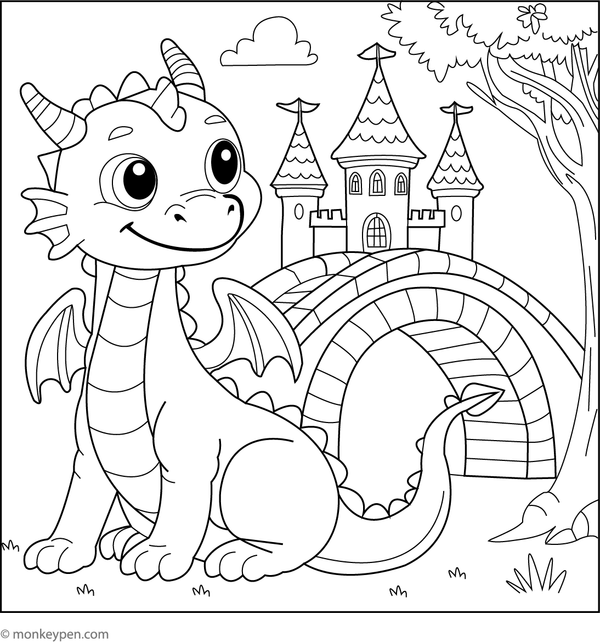 A heroic image of a dragon standing watch beside an ancient stone bridge spanning a flowing river Coloring Page