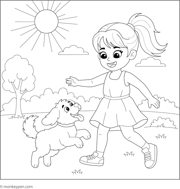 Capture a playful moment in this coloring page of a cheerful girl tossing a ball while her cute puppy jumps beside her.