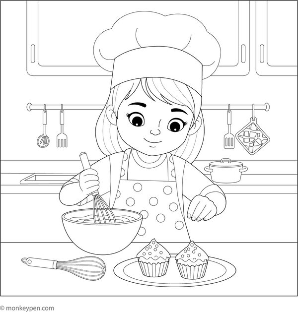 In this cozy kitchen coloring page, a young girl wearing an apron stirs cake batter with baking tools all around.