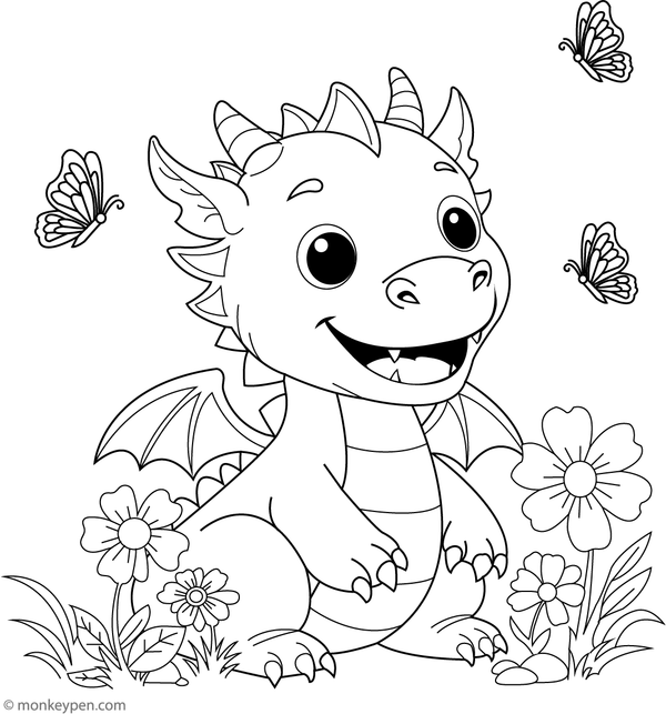 A gentle scene of a calm dragon amidst fluttering butterflies in a peaceful garden environment Coloring Page
