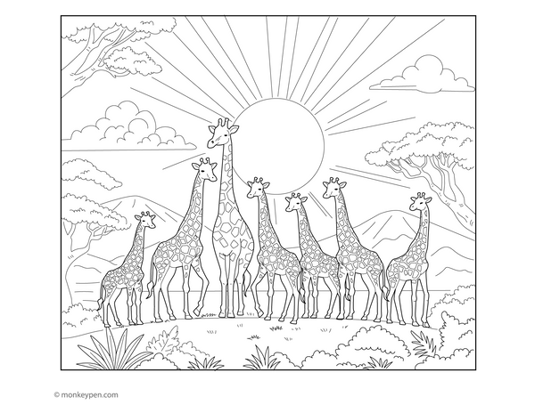 Colouring page of a giraffe family standing together as the sun sets behind trees in a peaceful savannah scene.