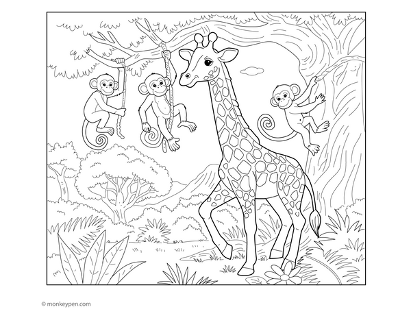 Lively colouring page showing a giraffe interacting with playful monkeys swinging from jungle branches nearby.