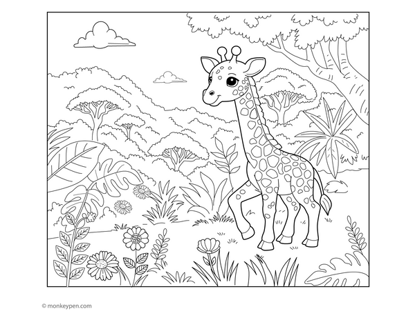 This colouring page features a tall giraffe exploring a lush green jungle filled with leaves, vines, and hidden animals.