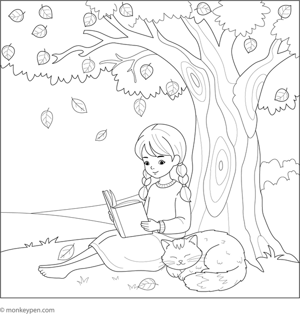 A peaceful scene comes to life in this coloring page of a girl reading beneath a tall tree with birds and squirrels nearby.