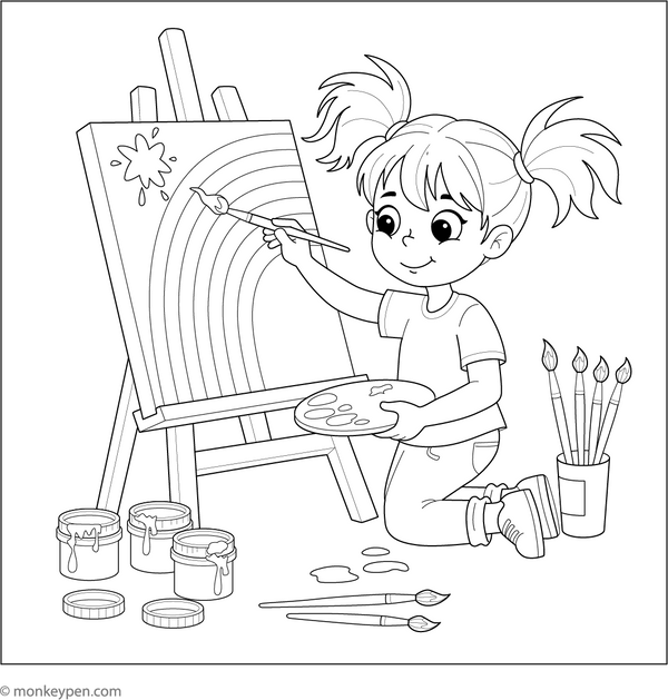 Bring creativity to life with this coloring page of a girl joyfully painting flowers on an easel surrounded by art supplies.