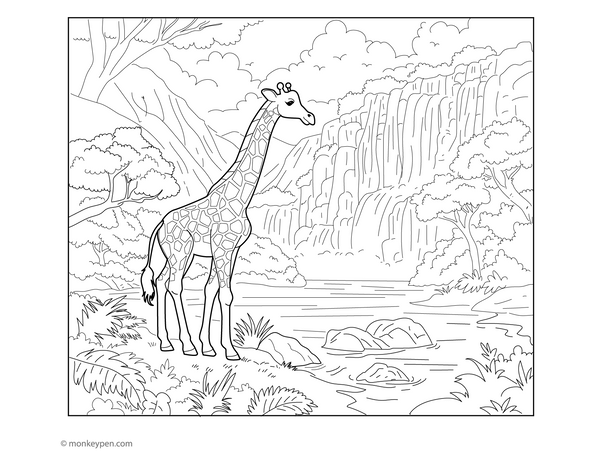Scenic colouring page showing a giraffe standing beside a tall waterfall with rocks, trees, and splashing water around.