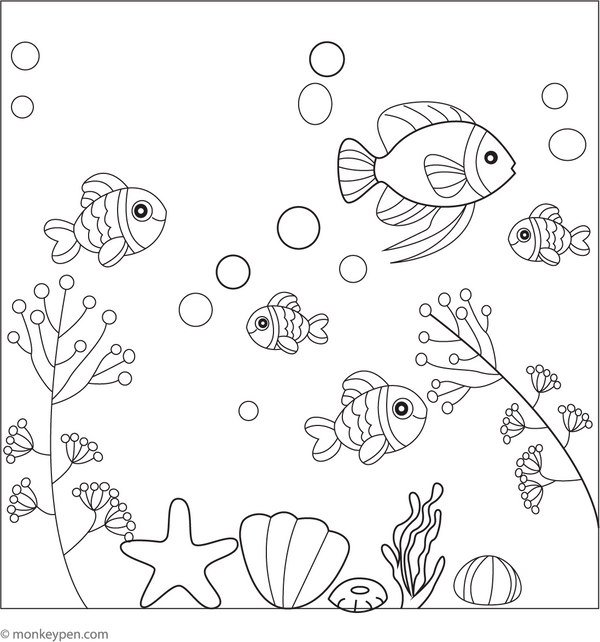 Underwater scene depicting fish, seaweed, and coral, prepared for coloring Page