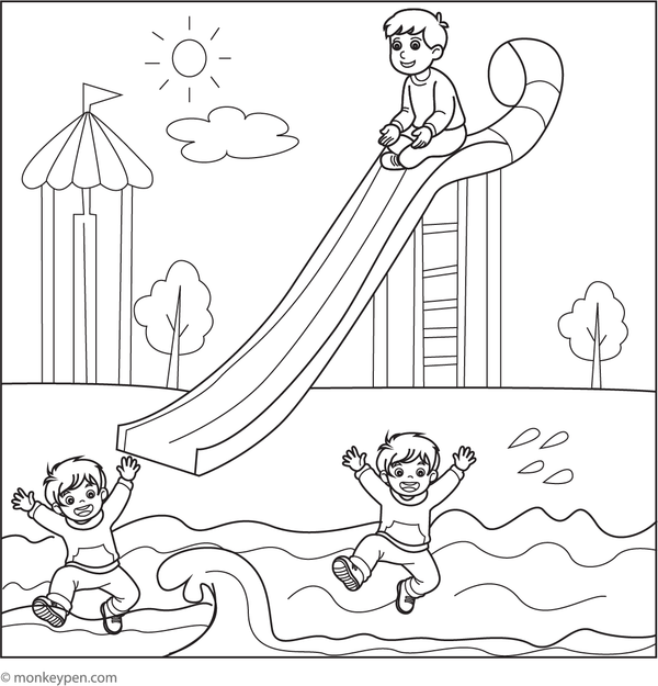 Children playing and sliding at a water park, ready for coloring Page