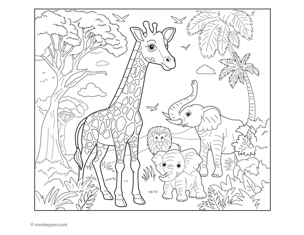 Fun jungle-themed colouring page showing a giraffe surrounded by other animals like parrots, monkeys, and elephants in a tropical forest.