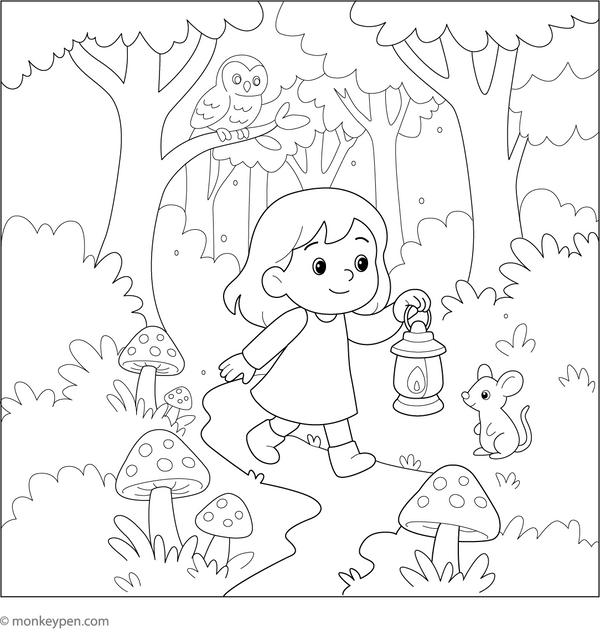 Step into wonder with this coloring page of a curious girl discovering fairies, glowing plants, and friendly animals in a magical forest.
