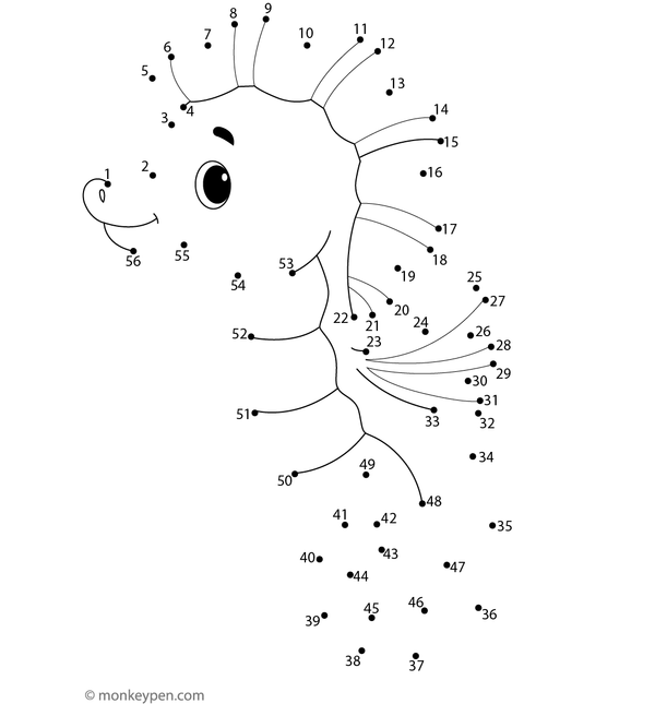 Worksheet showing dots that, when connected, form a cartoon seahorse for coloring and decoration