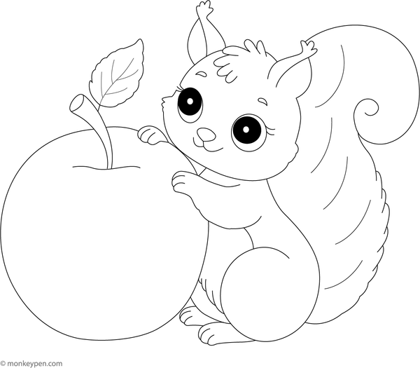 Squirrel eating an apple amidst nature, ready for coloring.