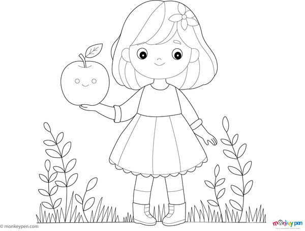 Illustration of a girl holding a shiny apple, smiling and ready to take a bite, designed for coloring.
