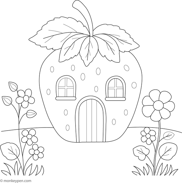Strawberry-shaped house with leafy roof, surrounded by strawberries and flowers, ready to be colored.