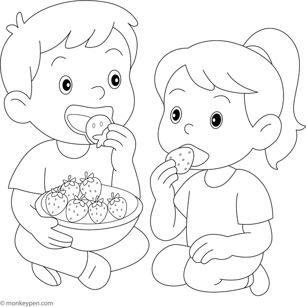 Child happily eating a strawberry, with a joyful expression, ready to be colored.