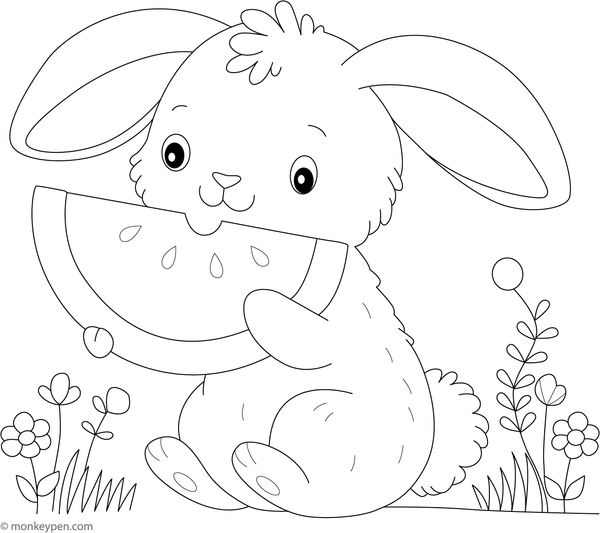 Bunny sitting beside a watermelon slice, prepared for coloring.