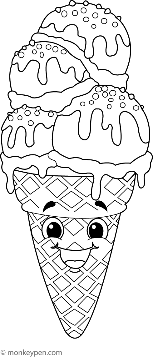 Free Printable Smiling Ice Cream Con With Sprinkles Coloring Picure for Children