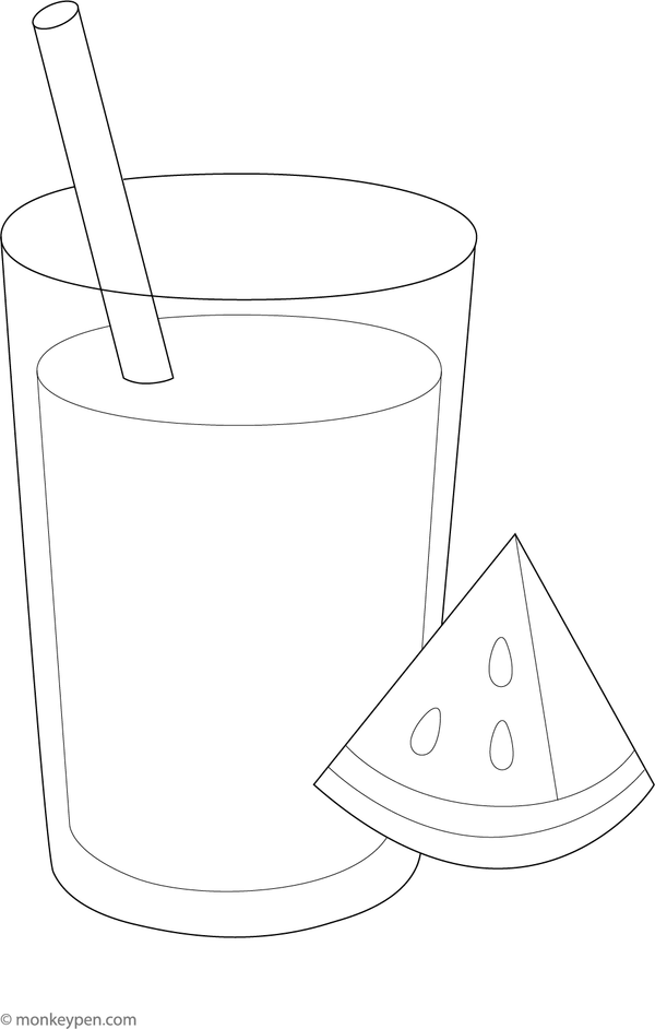Glass of watermelon juice with a slice and straw, ready to be colored.