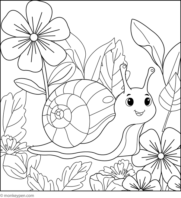 Free Printable Snail Among the Blossoms Coloring Image for Kids