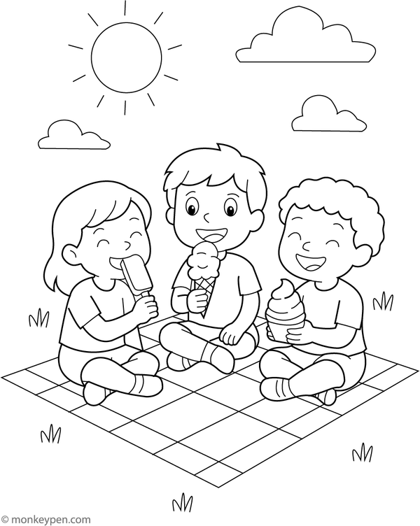 Printable Friends Sharing Ice Cream at a Picnic Coloring Image for Kids
